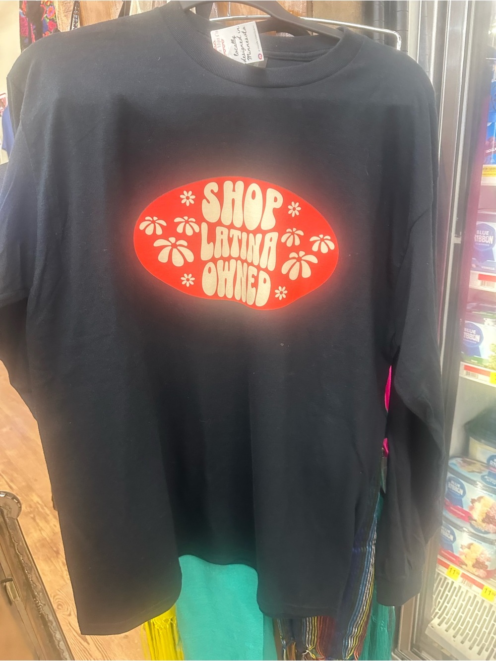 Gildan Black Long-Sleeve Tee with Red 'Shop Latina Owned' Graphic